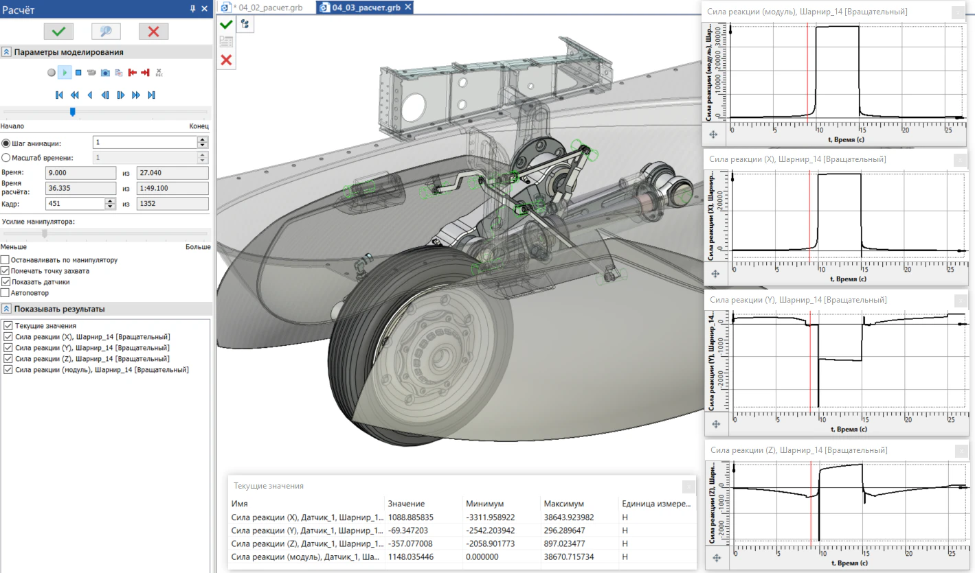 Вывод графиков сил реакций при запуске задачи