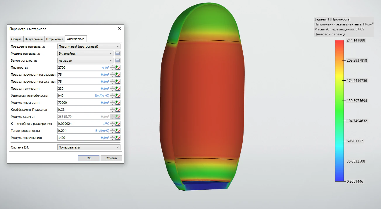 Результаты расчета баллона с пластичными свойствами, нагруженного изнутри