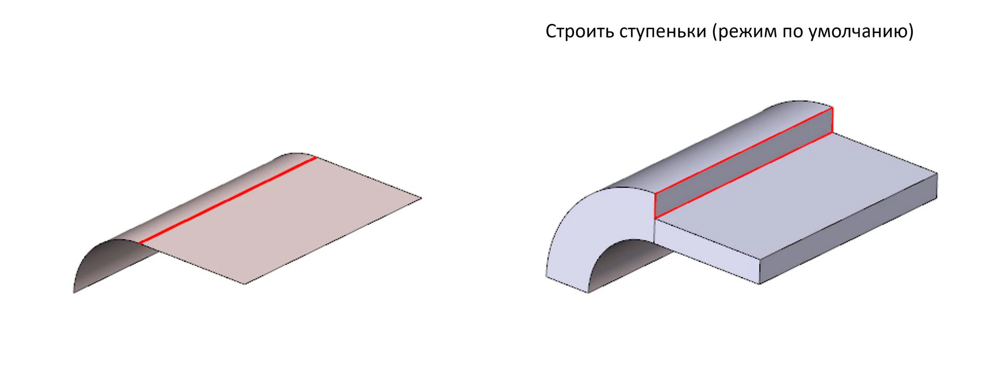 Иллюстрация обработки построения тела смещения с формированием ступеньки в месте разрыва смещаемых граней